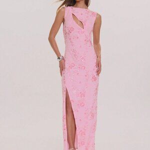 Baby Pink Elegant Women's Maxi Dress with Beaded Sequin Cut-Out Side Split